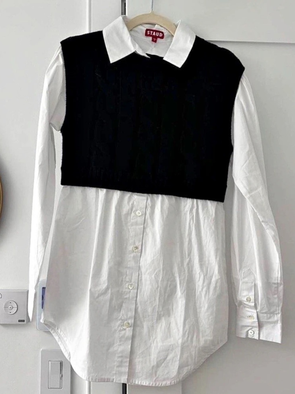 STAUD Cooper Layered Cable-Knit Wool And Cotton-Poplin Top Cable Knit Vest
